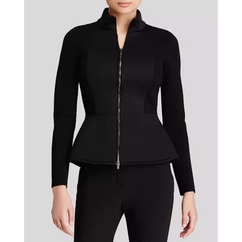 Giorgio Armani Collezioni Scuba Neoprene Inset Peplum Zip Wool Sweater Jacket